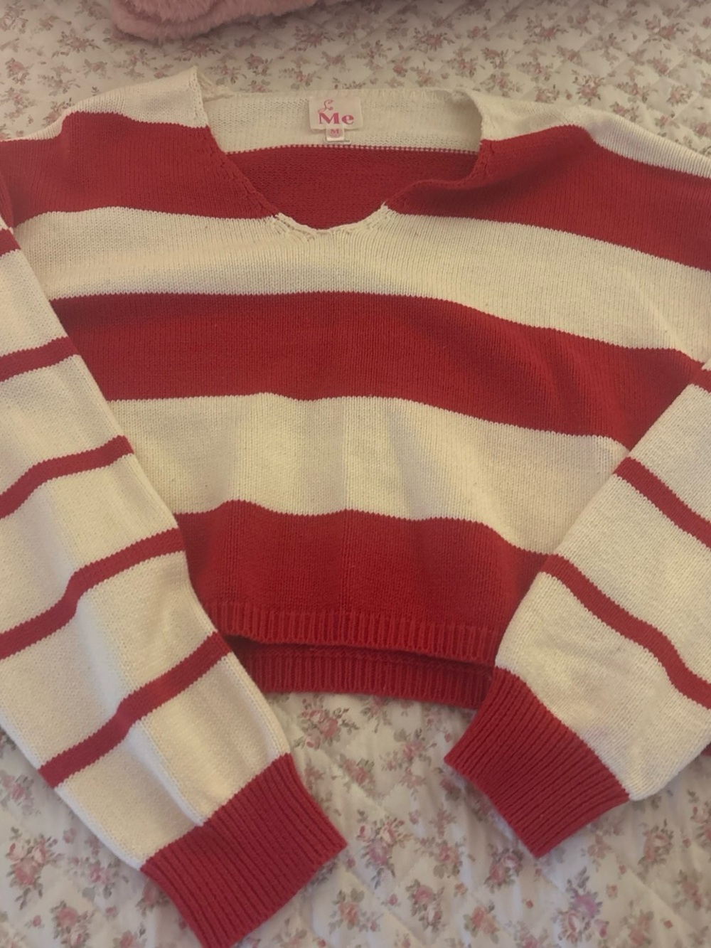 ME Makeover Essentials Red and Cream Striped Cropped Crew Sweater